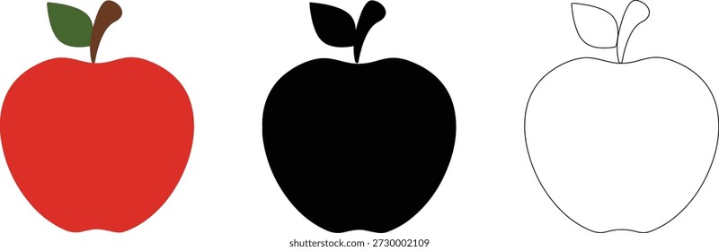 Apple Icon Set, Red Black and Outline Variations for Food and UI Design.