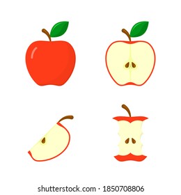 Icono de Apple Set, entero, mitad de fruta con hoja, stub. Ilustración aislada del vector.