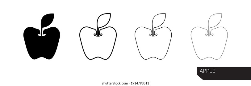 Apple icon. Apple silhouette vector icon illustration in black color isolated on white background. Apple icon in different thicknesses. Modern line art design.