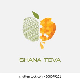 apple icon , sketched side and honey  side. illustration.  "Happy New Year" (Hebrew)