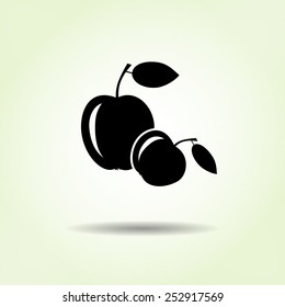 Apple icon. Two fruits with leaves. black silhouette with shadow on light green background. Flat design. Vector isolated