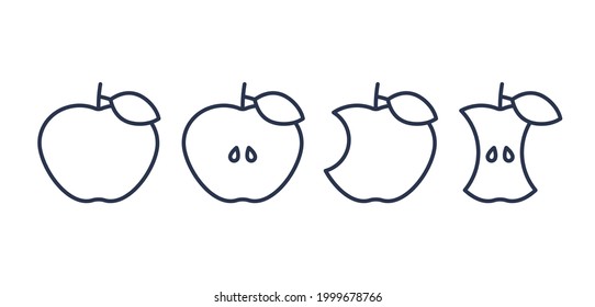 Apple icon. Vector. Half, bitten, whole and apple core in line art design. Outline signs isolated on white background. Ripe healthy fruits with editable stroke. Simple illustration. Set linear symbols