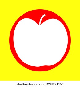 Apple icon. Vector. White flat icon inside red circle at yellow background. Isolated.