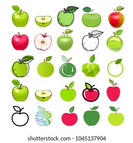 Apple icons big set. Different styles - flat,realistic, hand drawn, painted mosaic. Colorful symbols