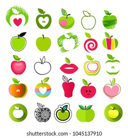 Apple icons big set. Different styles - flat,realistic, hand drawn, painted mosaic. Colorful symbols