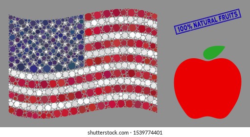 Apple icons are combined into USA flag collage with blue rectangle rubber stamp seal of 100% Natural Fruits caption. Vector collage of USA waving state flag is designed with apple items.