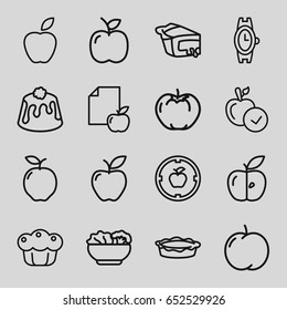 Apple icons set. set of 16 apple outline icons such as wrist watch, pie