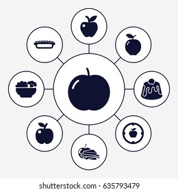 Apple icons set. set of 9 apple filled icons such as pie