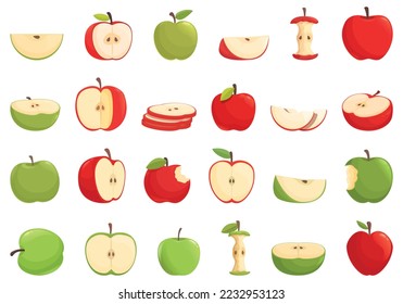 Apple icons set cartoon vector. Slice fruit. Leaf food