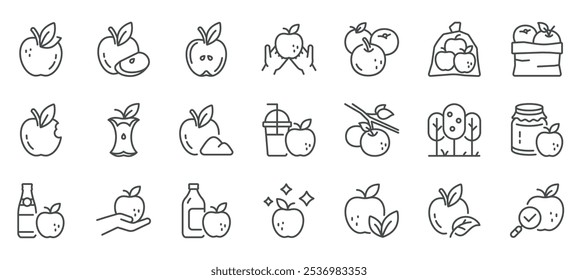 Conjunto de ícones Apple. Ilustrações de linhas de maçãs orgânicas, compota, vinagre, sidra, torta, arte, suco, purê e pectina. Colheita de maçãs, produção de alimentos, saúde, dieta e nutrição. Vetor isolado