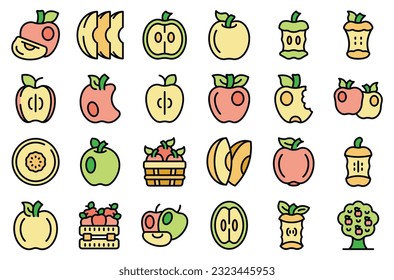 Apple icons set outline vector. Fruit slice. Leaf half thin line color flat on white