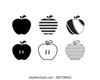 Apple icons set. Stylized fruit design elements. Black silhouette of a healthy meal. Vector illustration.