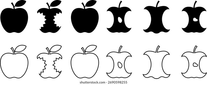 Apple Icons Vectorsammlung mit ganzen Äpfeln und Apfelkernen