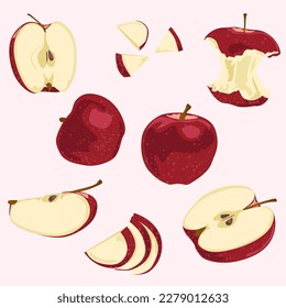 Apple icons in vector. Red apples whole and cut into different slices and pieces. Useful fruits and natural products.