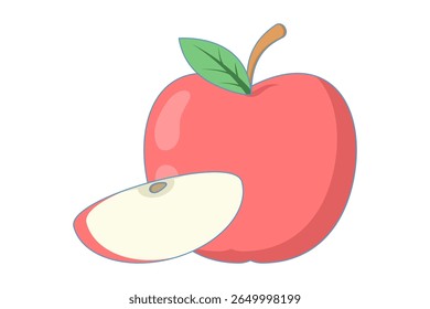 apple illustration isolated on white background. Ripe fruit, halves and slices. Harvest. Food illustration.