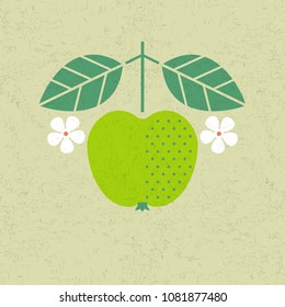 Apple illustration. Apple with leaves and flowers on shabby background. Flat design. Original simple flat illustration. Shabby style.