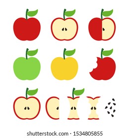 Apple illustration set: full apple, half, bitten, slice, eaten, stub, seeds. Vector red, green, yellow aple illustrations