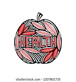 Apple illustration with text. Hand drawn vector isolated on white background