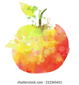 Apple illustration with watercolor splashes, vector image