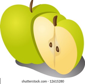 Apple illustration whole and half cross-section isometric view