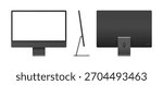 Apple iMac 24 inch black desktop monitor mockup in front, back and side angle. Computer blank display template vector illustration
