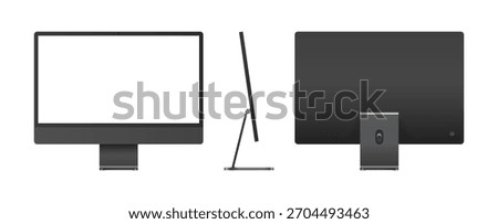 Apple iMac 24 inch black desktop monitor mockup in front, back and side angle. Computer blank display template vector illustration