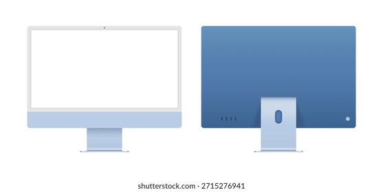 Apple iMac 24 inch desktop computer front and back angle mockup template for advertisement and product showcase. Blue color pc device blank screen vector illustration