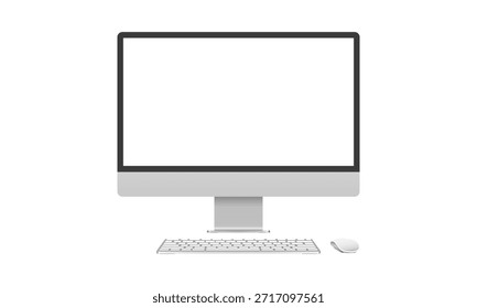 Apple iMac 24 inch desktop pc blank display mockup template with mouse and keyboard for advertisement. Gray color computer device vector illustration