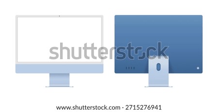 Apple iMac 24 inch desktop computer front and back angle mockup template for advertisement and product showcase. Blue color pc device blank screen vector illustration