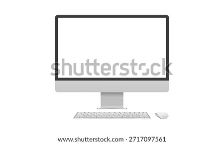 Apple iMac 24 inch desktop pc blank display mockup template with mouse and keyboard for advertisement. Gray color computer device vector illustration
