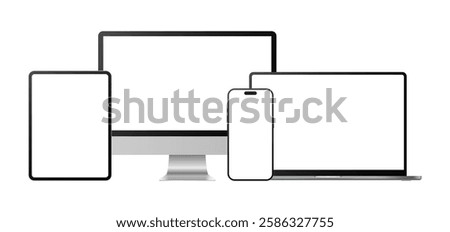 Apple iMac, iPad, MacBook, and iPhone 16 Pro Max Realistic Mockup Template. Computer Laptop Tablet Mobile Phone Device Blank Screen Display Set Vector Illustration