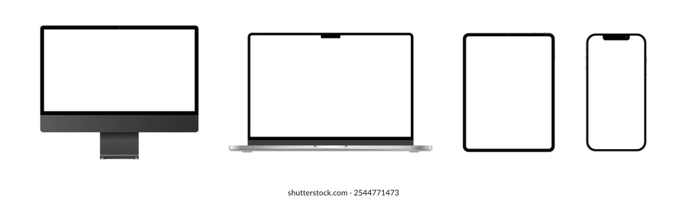 Realista desktop laptop tablet pc e smartphone mockup coleção. Conjunto de dispositivos modernos com ilustração de vetor de tela em branco