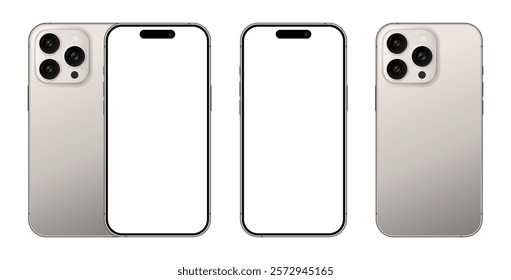 Apple iPhone 15 and 16 Pro Max realistic mobile phone devices blank display mockups. Set of smartphone with triple camera front back view template for product presentation. Modern vector illustration