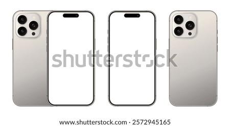 Apple iPhone 15 and 16 Pro Max realistic mobile phone devices blank display mockups. Set of smartphone with triple camera front back view template for product presentation. Modern vector illustration