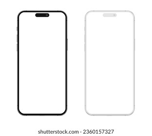 Apple iPhone 15 Pro or Pro Max. Mockup screen front view iphone with white screen. Smartphone mockup with blank white screen, detailed mobile phone mockup, black and white models smartphone front view