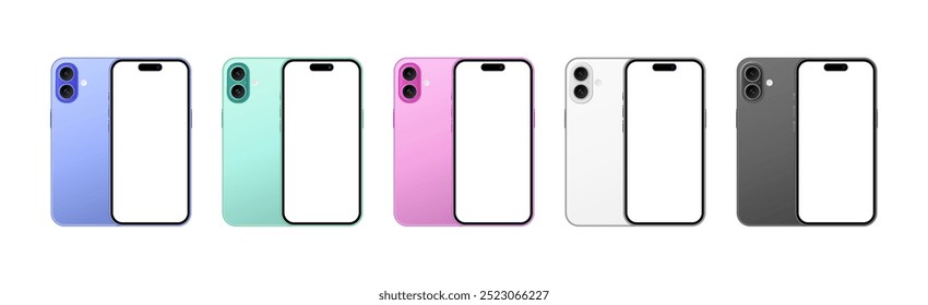 Apple iPhone 16 Plus colorful smartphone device front back mockup template set. Modern mobile phones with blank screen for social media presentation