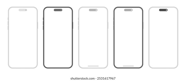 Apple iPhone 16 Pro Max smartphone devices mockup template set. Black gray frame modern mobile phones with blank display for user interface design