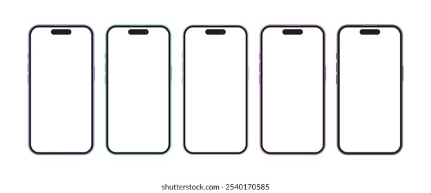 Dispositivo de telefone celular colorido conjunto ilustração vetorial. Modelo de maquete de Smartphone com display vazio para design de interface de usuário