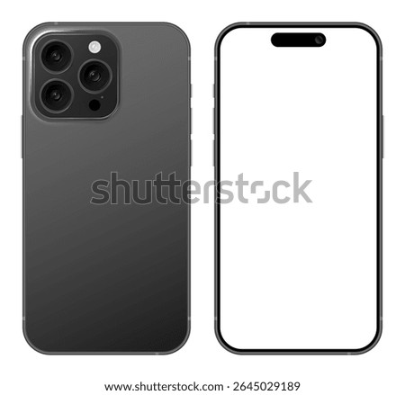 Apple iPhone 16 Pro Max Realistic Mobile Phone Device Mockup Template Front Back Angle. Black Frame Smartphone Blank Display User Interface Layout Vector Illustration