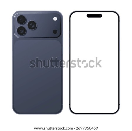 Apple iPhone 17 Pro Max Mobile phone blue color device mockup template in front and back angle for advertisement. Smartphone blank display layout vector illustration