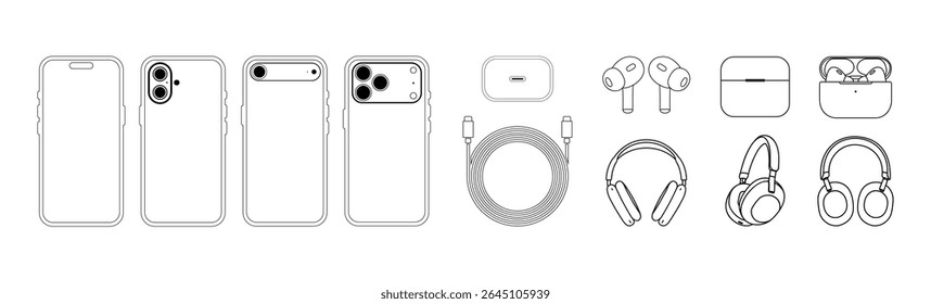 Apple iPhone 17 Series Line Icons with Charger, Air Pods, and Headphones