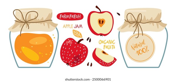 Apple Jam. Canned red Apple hand drawn set. Homemade fruit jelly in glass jar isolated. Jar preserved fruits. Flat vector Food template for menu, sticker, logo, detox diet concept, farmers market