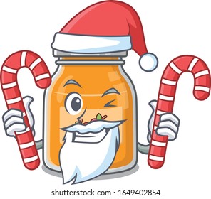 Apple jam Cartoon character wearing Santa costume bringing a candy