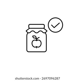 Apfelkonfitüre und Häkchen. Sicherheit von Bauernprodukten und Gesundheitsfürsorge. Pixel perfekt, bearbeitbares Strichvektorsymbol