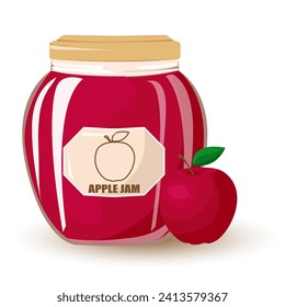 Apple jam in glass jar and fresh apple.Natural product. Healthy eating and diet. Design of greeting cards, posters, patches, prints on clothes, emblems.Vector cartoon illustration.