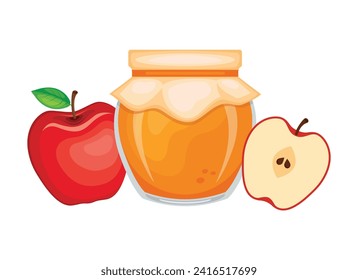 Apple jam in glass jar and fresh apples vector illustration. Glass of apple marmalade design element. Apple jam jar icon set isolated on a white background