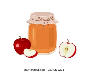 Mermelada de manzana en tarro de cristal y frutas frescas. Vector de dibujos animados ilustración plana de dulces orgánicos. Icono de comida saludable.