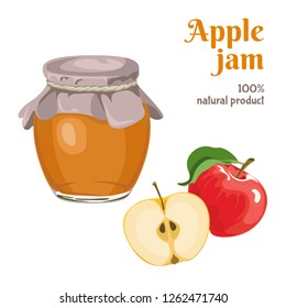 Apple jam in glass jar isolated on white background. Vector illustration of fruit sweets in flat style.