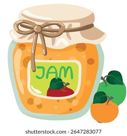Apple jam in a glass jar on a white background.  A fruit dessert for breakfast and pastries. Handmade vector drawing.