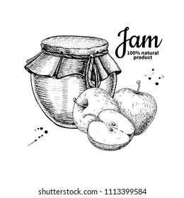 Apple jam glass jar vector drawing.  Fruit Jelly and marmalade.  Hand drawn food illustration. Sketch style vintage objects for label, icon, packaging design.